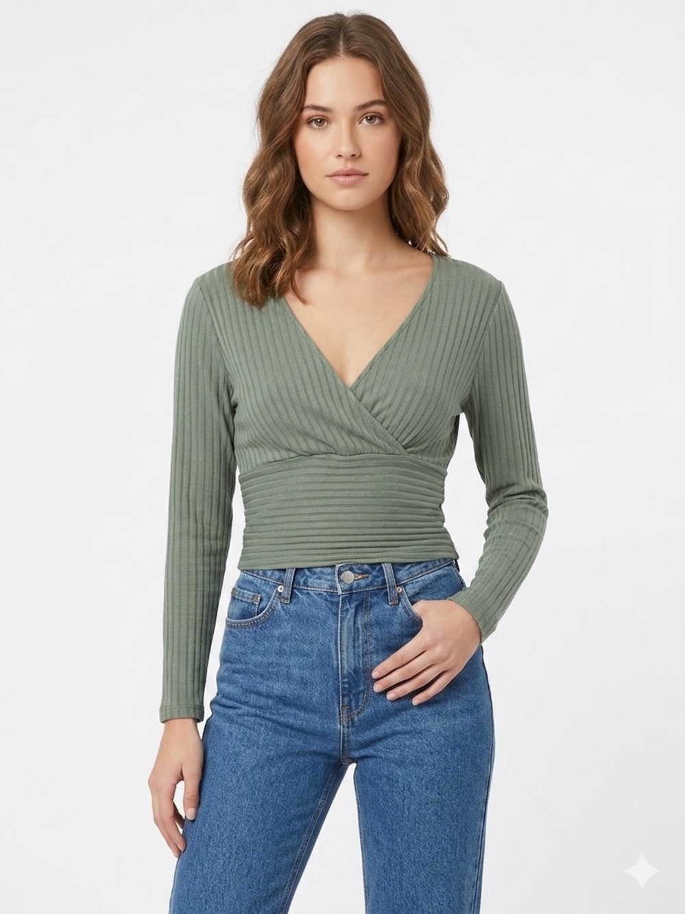 Long Sleeve Top Size: S Forever 21 Olive Green Ribbed Wrap-Style